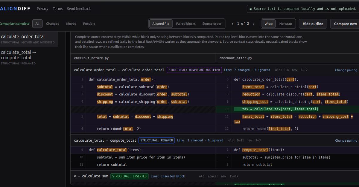 Actual AlignDiff comparator output aligning moved, modified, renamed, and inserted Python structures
