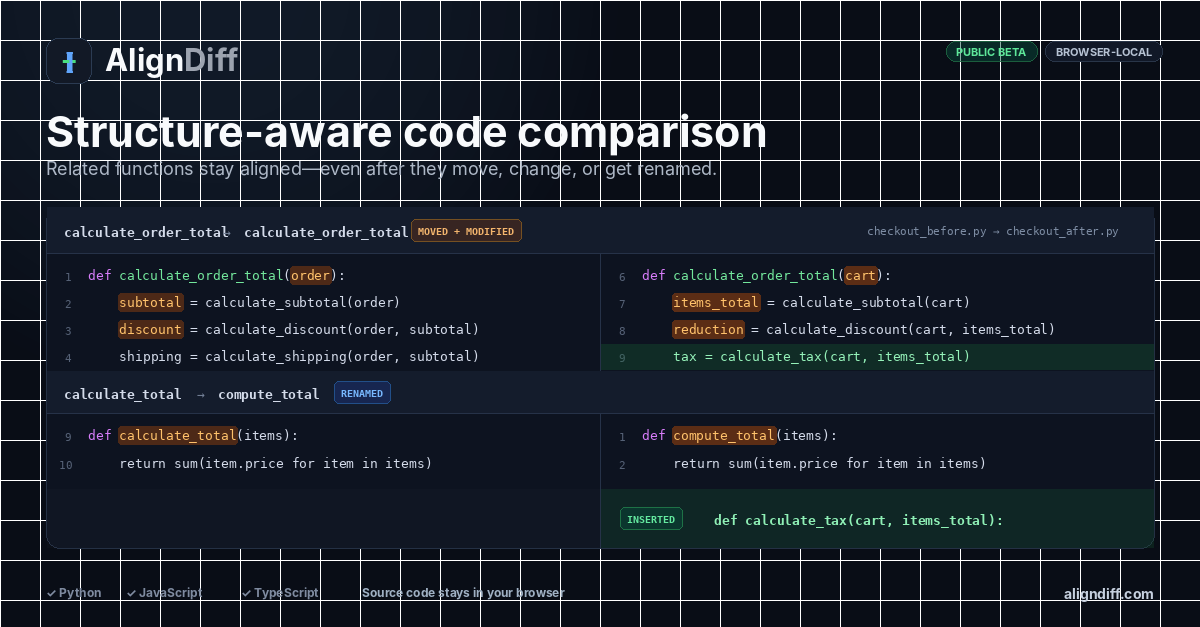 AlignDiff marketing preview showing structure-aware code comparison